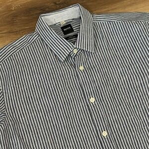 Hugo Boss Shirt Mens Large Slim Fit Stretch Linen Striped Button Up Blue White L